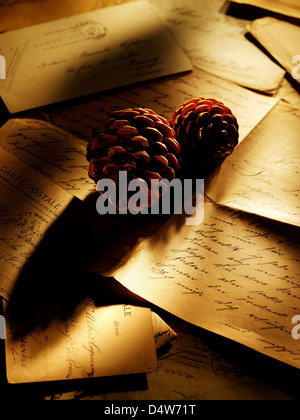 Pine cones on table of letters Stock Photo