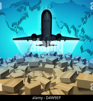 Air cargo shipping concept with an airplane flying above a large group of mail courier packages on a three dimensional map of th Stock Photo