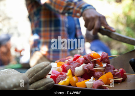 Close up of raw kebabs by grill Stock Photo