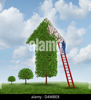 Investing advice and financial help with a tree shaped as an upward arrow with missing leaves on the branches and a businessman Stock Photo
