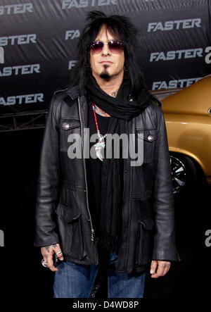 US bassist Nikki Sixx of Mötley Crüe attends the premiere of the film 'Faster' at Grauman's Chinese Theatre in Los Angeles, USA, 22 November 2010. Photo: Hubert Boesl Stock Photo