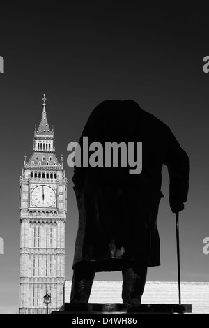 Winston Churchill statue and Big Ben Clock tower, North Bank, Westminster, London City, England, UK Stock Photo