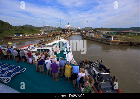 Ships in the Miraflores lock section of the Panama Canal Stock Photo