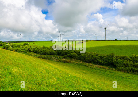 Delabole wind farm surrounded by farmland, Cornwall, England. Stock Photo