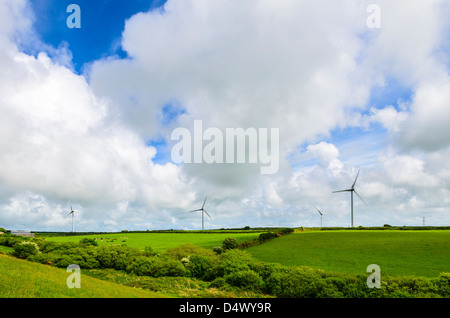 Delabole wind farm surrounded by farmland, Cornwall, England. Stock Photo