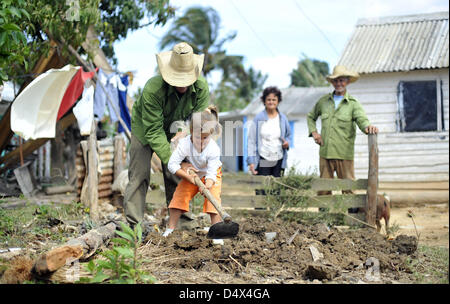 March 14, 2013 - Havana, Cuba - Tobacco farmer Jose Miguel's parents watch as he teaches his daughter Rosemarie Leonso how to plow land in search of worms at their home in a rural part of vinales in Pinar del Rio, Cuba on Saturday, March 16, 2013. It takes the family hours to collect enough bait worms to go fishing; one of the ways the family survives in a climate where the average citizen making less than a dollar per day. (Credit Image: © Josh Edelson/ZUMAPRESS.com) Stock Photo