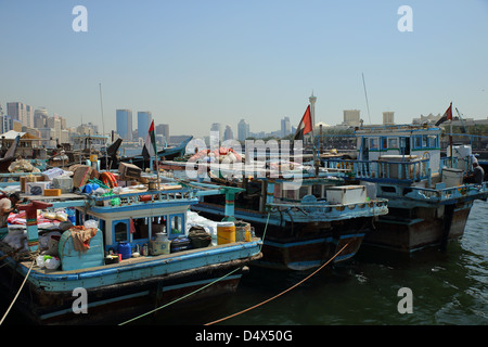 Traditional Arabian boats docked at the Dubai Creek, United Arab Emirates Stock Photo