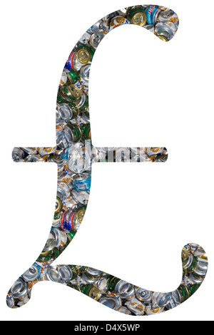 British pound currency symbol made of crushed aluminum cans. Stock Photo