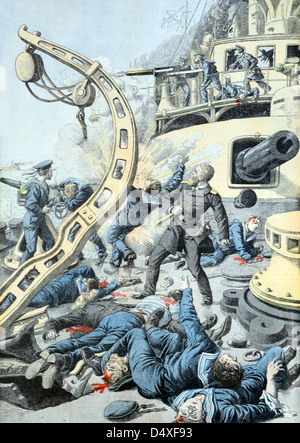 Vintage or Old Illustration of Naval Battle or Sea Battle for Port Arthur Manchuria during the Russo-Japanese War (Sept 1904) Stock Photo