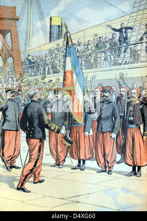 Zouave Regiment of French North African Soldiers at Marseille (July 1903) France. Vintage Engraving or Illustration Stock Photo