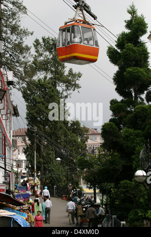 The cable car to Gun Hill crosses Gandhi Chowk in Mussoorie. Stock Photo