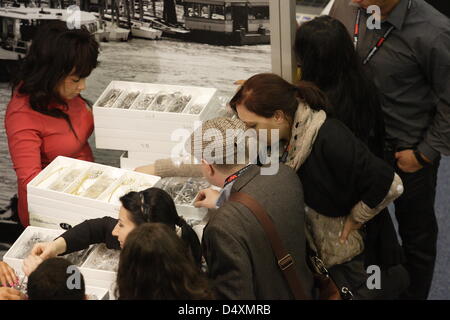 Gdansk, Poland. 20th March 2013.  20th International Fair of Amber, Jewellery and Gemstones in Gdansk Amber Expo fair hall. More than 450 Exhibitors from Poland, Belgium, Czech Republic, Germany, Italy, Lithuania and Ukraine, as well as trade visitors from over 50 countries. AMBERIF is a trade-only event – addressed to persons and businesses who trade in jewellery, jewellery art and functional art. Credit:  Michal Fludra / Alamy Live News Stock Photo