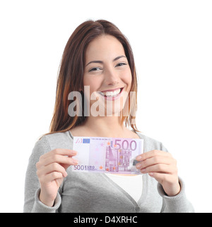 Happy woman smiling and showing a five hundred euros banknote on a white isolated background Stock Photo