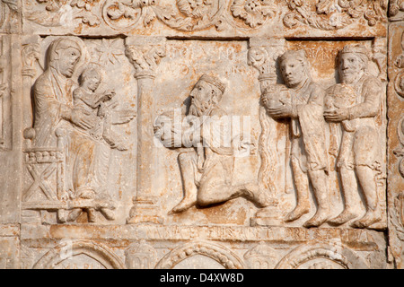 VERONA - JANUARY 27: Adoration of Magi scene from romanesque Basilica San Zeno. Relief is work of the sculptor Nicholaus Stock Photo