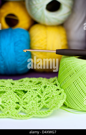 Colorful yarn for crochet with hook Stock Photo
