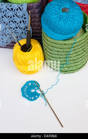 Colorful yarn for crochet in colorful baskets Stock Photo