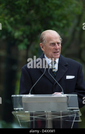 London, UK. 20th March 2013. HRH The Duke of Edinburgh attends ZSL London Zoo to officially open the new £3.6m Tiger Territory, the home of Sumatran Tigers, Jae Jae and Melati. The new 2,500sqm enclosure is five times larger than the previous exhibit complete tall trees and custom built swimming pool. Sumatran Tigers are on the endangered species list with only 300 left in the wild. Jae Jae and Melati have travelled over 14000 miles to be brought together in order to increase the breeding programme. Credit:  Allsorts Stock Photo/Alamy Live News Stock Photo