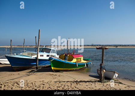 Boats pulled up on the beach at the Mimbeau at Cap Ferret in the Gironde region of France. Stock Photo