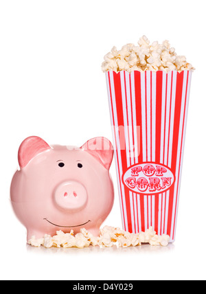 retro popcorn with piggy bank studio cut out Stock Photo