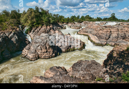 The Li Phi Waterfalls in the Mekong on Don Khone Island, Laos Stock Photo