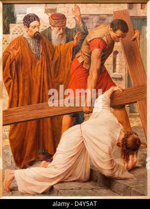 GENT - JUNE 23: Jesus fall under cross in st. Peter s church by Rene de Cramer from year 1917 on June 23, 2012 in Gent, Belgium. Stock Photo