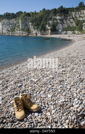 The sheltered bay at Beer beach in Devon, England. Stock Photo