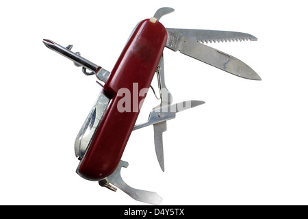 red swiss army knife silhouetted on white background Stock Photo