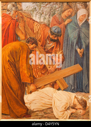 GENT - JUNE 23: Jesus fall under cross in st. Peter s church by Rene de Cramer from year 1917 on June 23, 2012 in Gent, Belgium. Stock Photo