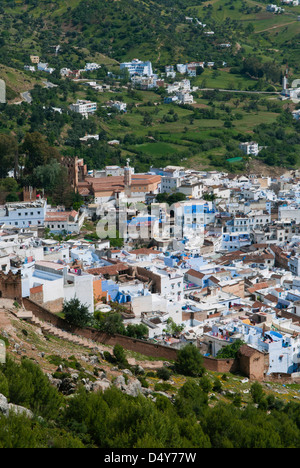 View of the city, Chefchaouen (Chaouen), Tangeri-Tetouan Region, Rif Mountains, Morocco. Stock Photo