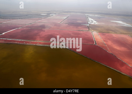 Namibia, Walvis Bay. Aerial view of salt pans and refinery in Walvis Bay. Stock Photo