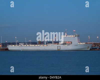 Royal Fleet Auxiliary landing ship Mounts Bay berthed in Southampton Hampshire England UK early evening Stock Photo