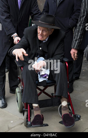 London, UK. 20th March 2013. Ronnie Biggs at funeral of great train robber, Bruce Reynolds, St Bartholomew The Great, London, Wednesday 20th March, 2013. Credit:  London Entertainment / Alamy Live News Stock Photo