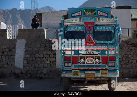 truck lorry HGV  and driver in Leh Ladakh Jammu and Kashmir  Northern India Stock Photo