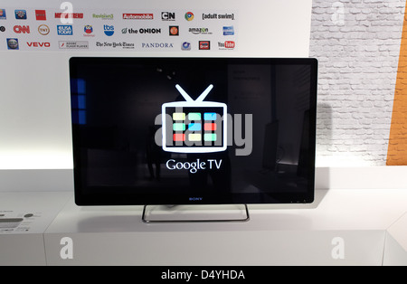 Berlin, Germany, Sony flat screen with the logo of Google TV at IFA 2011 Stock Photo