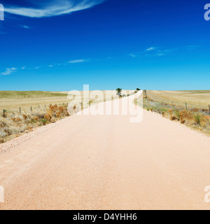Dirt road in country Australia stretches into the distance under a blue sky Stock Photo