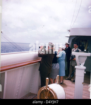 Photograph of Former President Harry S. Truman, Bess Truman, and Mrs. Samuel Rosenman near the Azores Islands, 06/18/1958 Stock Photo