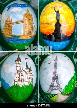 COMBO - A combination picture shows a selection of Easter eggs which decorate an Easter egg tree in Saalfeld, Germany, 18 March 2013. Decorating trees with Easter eggs is a widespread custom in Germany. Photo: MICHAEL REICHEL Stock Photo