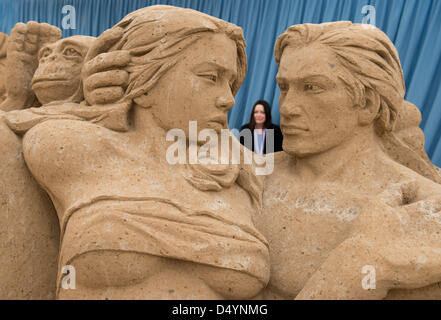 Binz, Germany. 20 March 2013. A sand sculpture inspired by the novel 'Tarzan' is on display at the sand sculpture festival in Binz, Germany, 20 March 2013. Around 50 artists from Russia, USA, Latvia and Poland are forming their sculptures from 12,000 of special sand. The show will take place in a tent from 23 March till the beginning of November 2013. Photo: STEFAN SAUER/DPA/Alamy Live News Stock Photo
