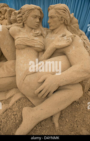 Binz, Germany. 20 March 2013. A sand sculpture inspired by the novel 'Tarzan' is on display at the sand sculpture festival in Binz, Germany, 20 March 2013. Around 50 artists from Russia, USA, Latvia and Poland are forming their sculptures from 12,000 of special sand. The show will take place in a tent from 23 March till the beginning of November 2013. Photo: STEFAN SAUER/DPA/Alamy Live News Stock Photo