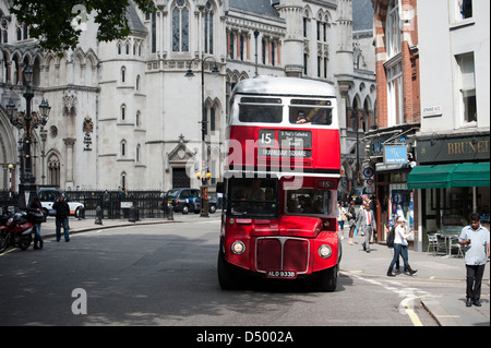 Traditional London Routemaster Bus at Aldwych, route 15, near the Royal Courts of Justice, London Stock Photo