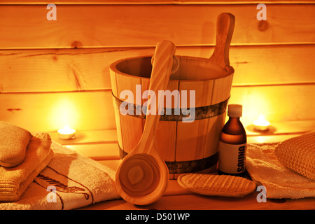 interior of finnish sauna and sauna accessories Stock Photo