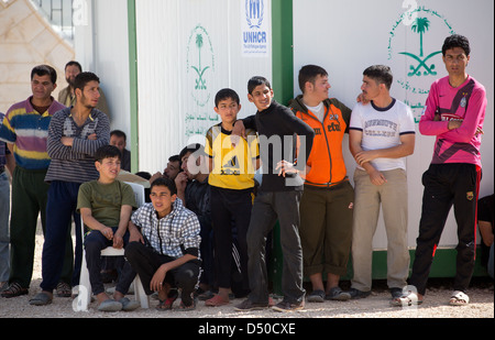 Syrian refugees at King Abdullah Park refugee camp in Jordan near the Syrian border. Stock Photo