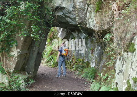 Walker beneath a rock arch in the Devil's Glen, County Wicklow, Ireland. Stock Photo