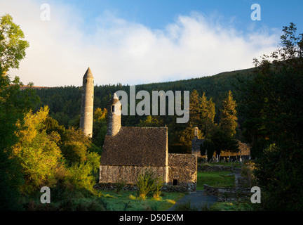 St Kevin's church and round tower, Glendalough monastic site, Co Wicklow, Ireland. Stock Photo