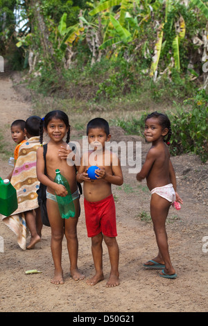 Amerindian girls and boys of the Arawak tribe, Fair View village. Kurukupari Falls. Iwokrama Forest, Guyana. Stock Photo