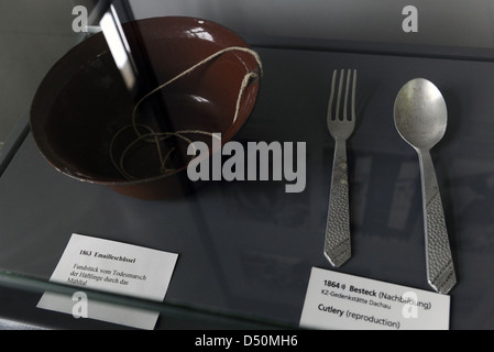 Dachau Concentration Camp Memorial Site. Enamel bowl and cutlery replica. Detail. Germany. Stock Photo