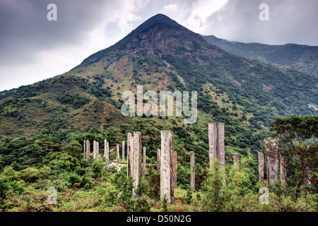 Steles containing centuries old sutra along Wisdom path at the hills of Ngong Ping on Lantau Island, Hong Kong, China. Stock Photo