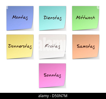 Color Post-it Notes With Handwritten Weekdays in German Stock Photo