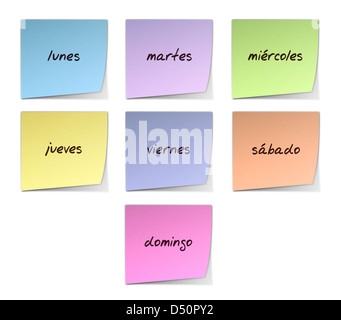 Color Paper Notes With Handwritten Weekdays in Spanish Stock Photo