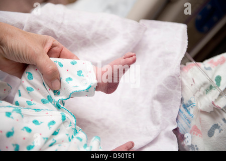 A newborn baby girl, only 16 hours old. Her grandmother checks fingers and toes. USA. Stock Photo